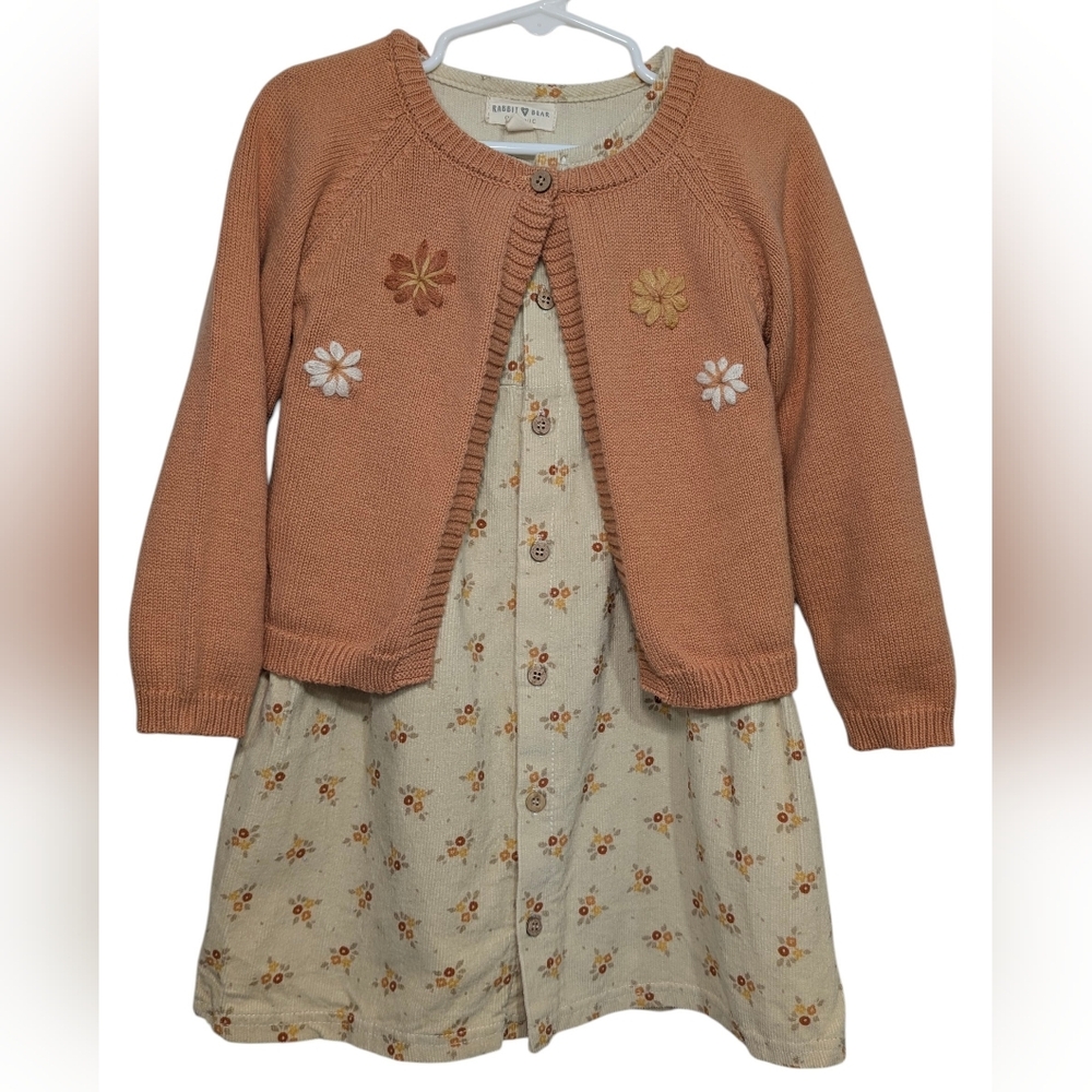 Rabbit + Bear Organic Cotton Floral Cardigan & Dress Bundle Girls 3T Orange Tan